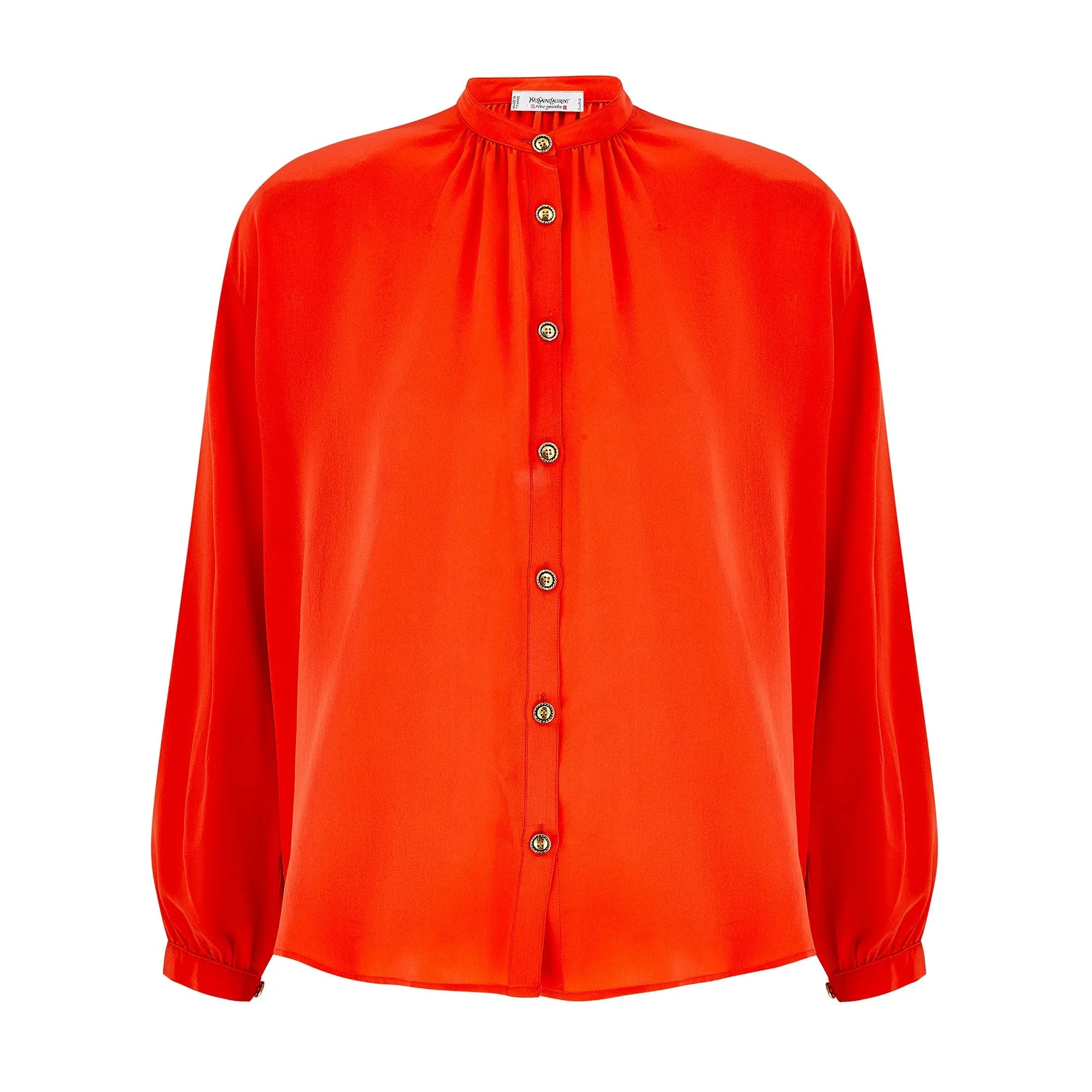 1980s Yves Saint Laurent Orange High Necked Silk Blouse