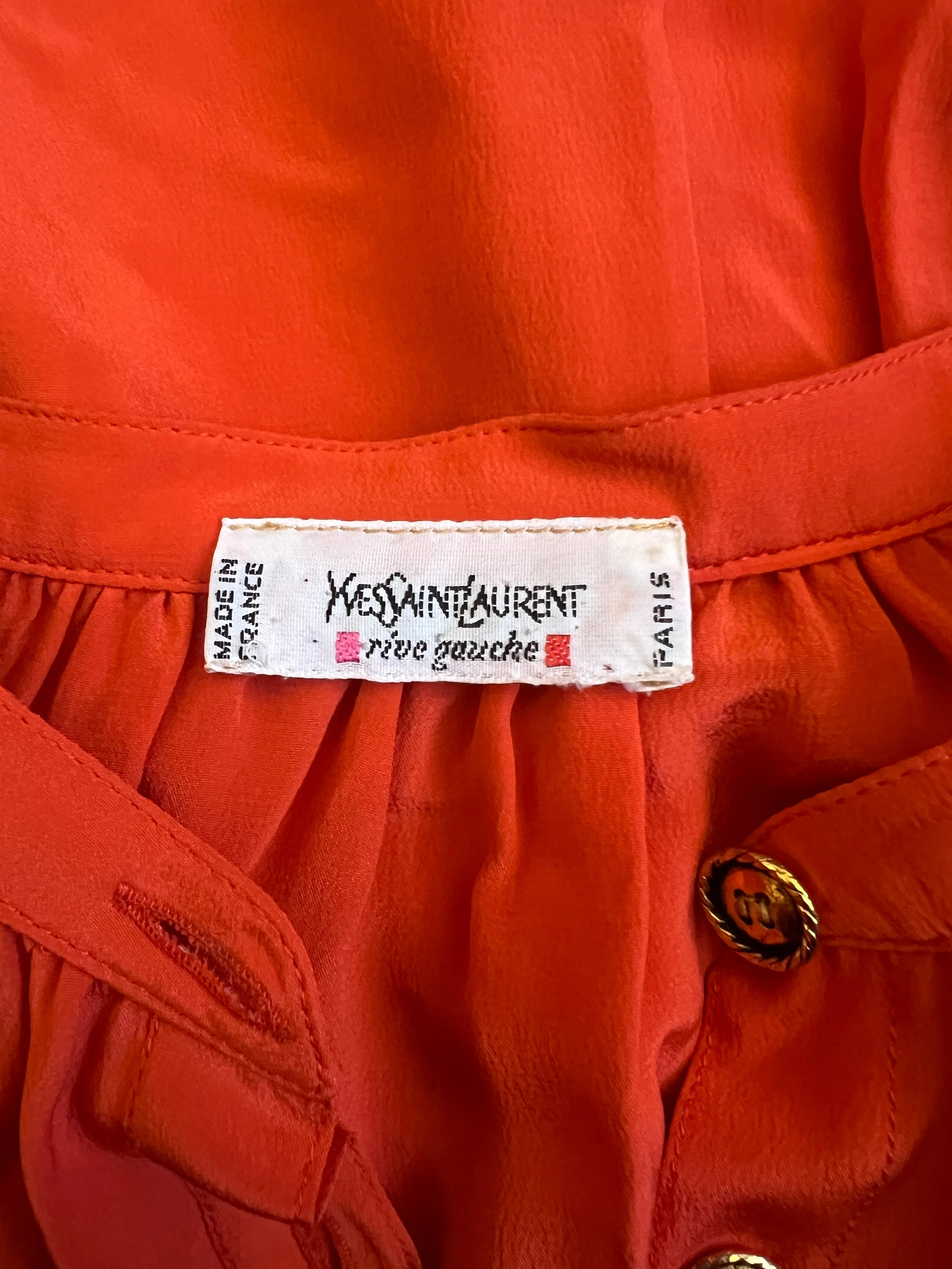 1980s Yves Saint Laurent Orange High Necked Silk Blouse