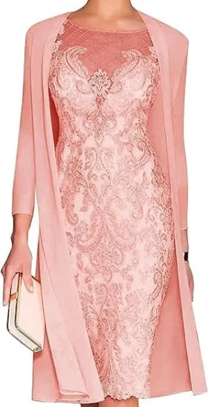 2 Piece Mother of The Bride Dresses with Jacket Chiffon Lace Sheath Evening Dresses for Wedding Guest Midi Length
