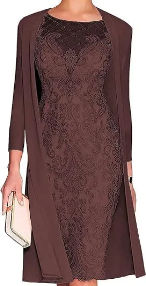 2 Piece Mother of The Bride Dresses with Jacket Chiffon Lace Sheath Evening Dresses for Wedding Guest Midi Length