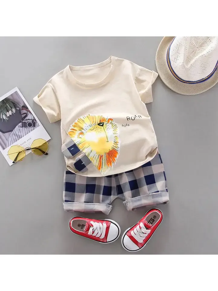2-Piece Playful Lion Tee and Plaid Shorts Set