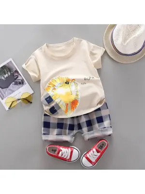 2-Piece Playful Lion Tee and Plaid Shorts Set