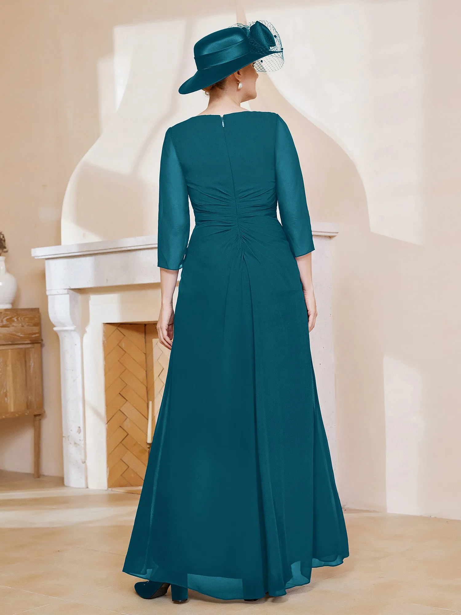 3/4-Length Sleeves V-neck Pleated Long Dress Ink Blue