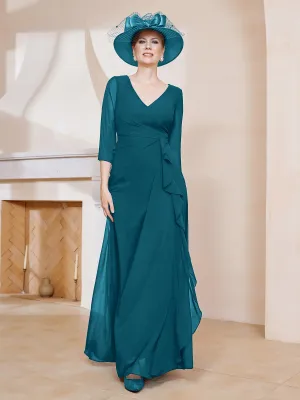 3/4-Length Sleeves V-neck Pleated Long Dress Ink Blue