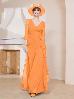 3/4-Length Sleeves V-neck Pleated Long Dress Orange