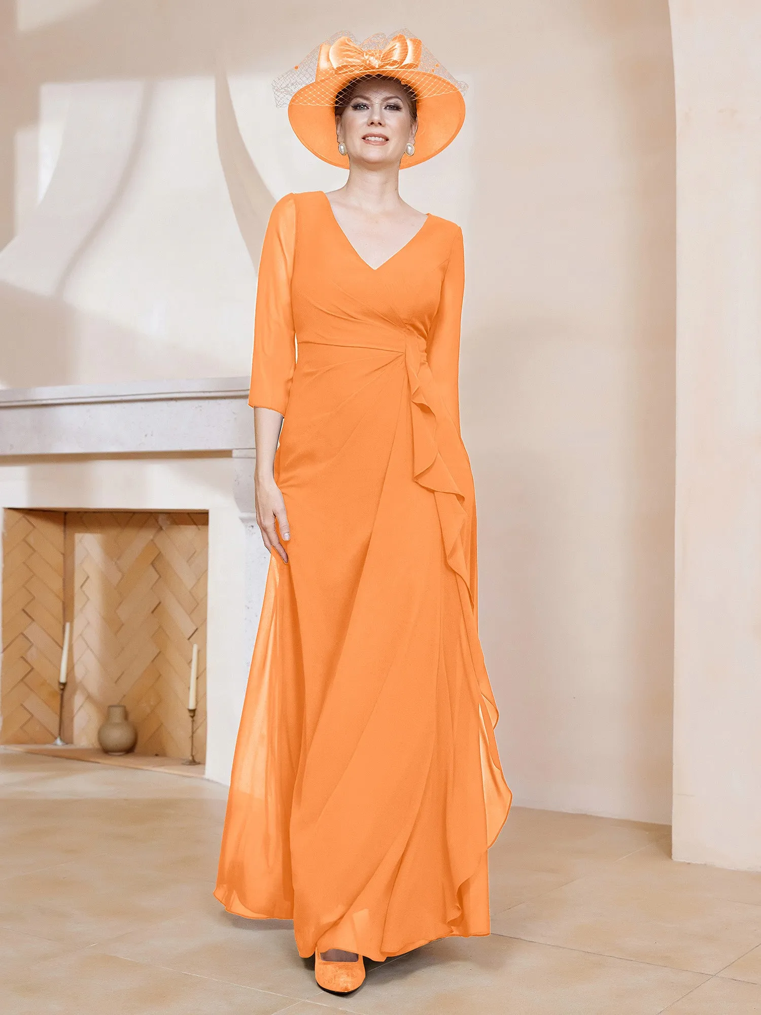 3/4-Length Sleeves V-neck Pleated Long Dress Orange
