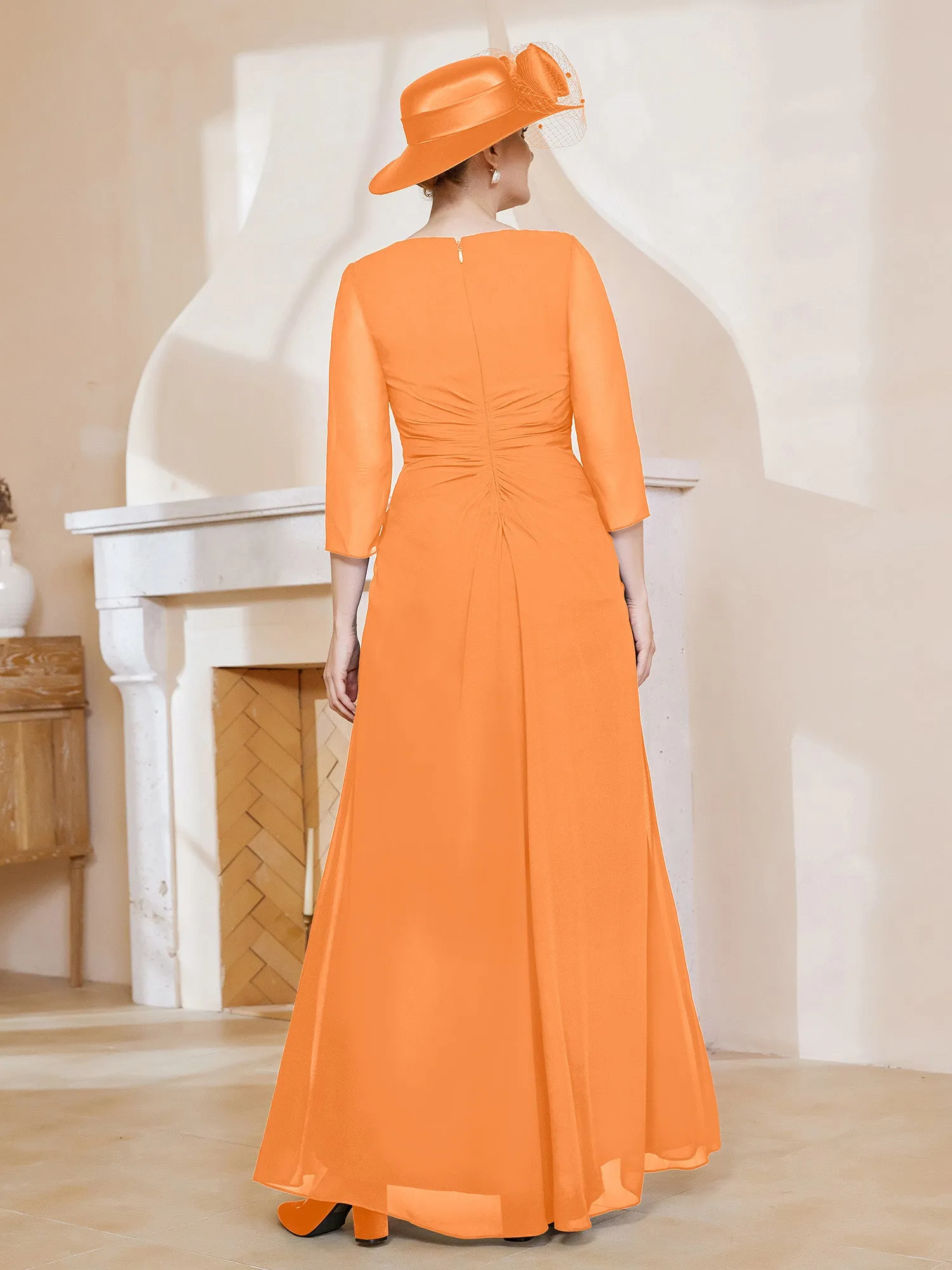 3/4-Length Sleeves V-neck Pleated Long Dress Orange