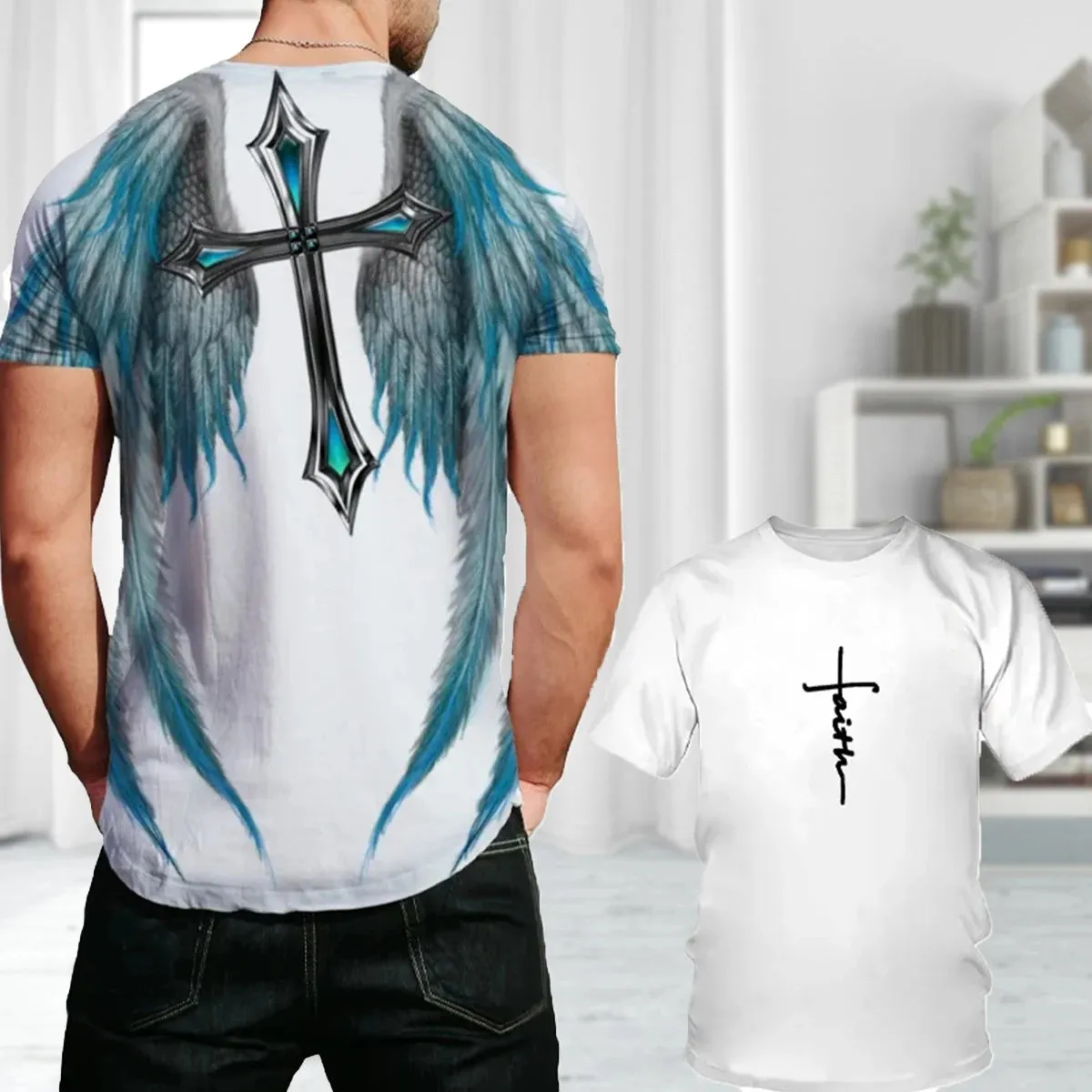 3D T Angel Wings Cross  Casual Short Sleeve  Breathable