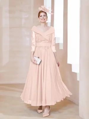 A-line V-neck Appliqued Chiffon Dress Pearl Pink