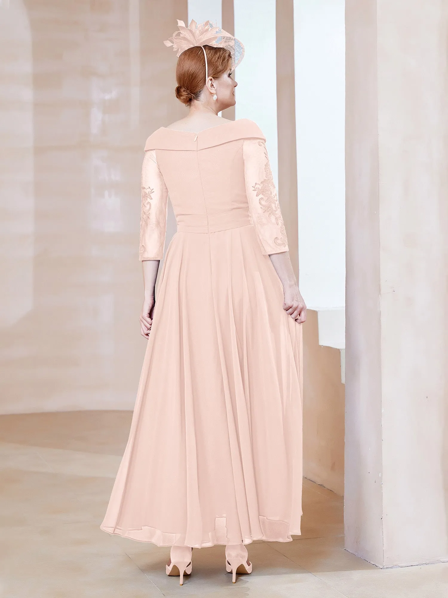 A-line V-neck Appliqued Chiffon Dress Pearl Pink