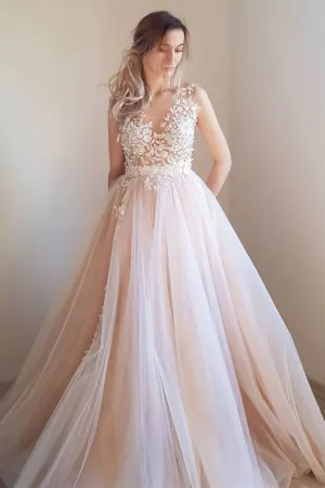 A Line V Neck Light Pink Lace Long Prom Dresses, V Neck Light Pink Formal Dresses, Light Pink Lace Evening Dresses