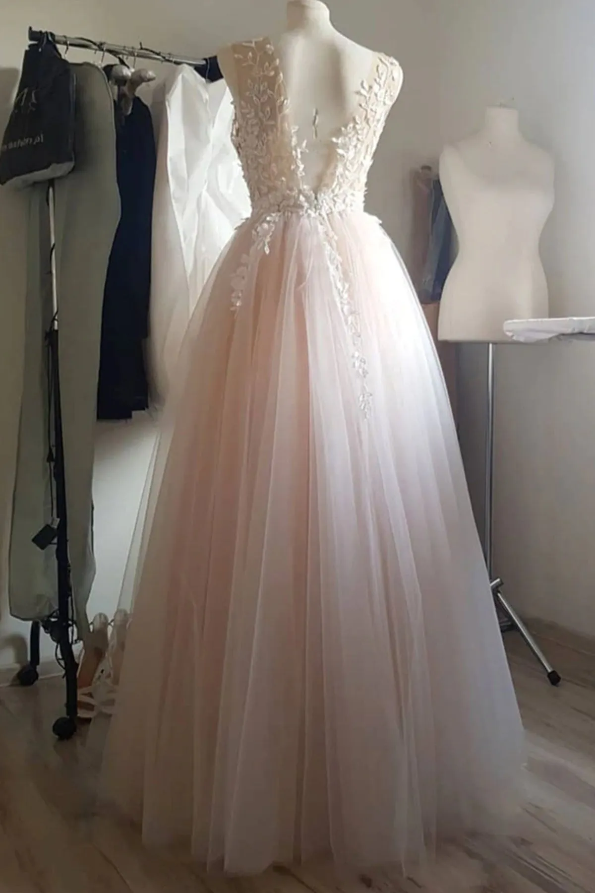 A Line V Neck Light Pink Lace Long Prom Dresses, V Neck Light Pink Formal Dresses, Light Pink Lace Evening Dresses