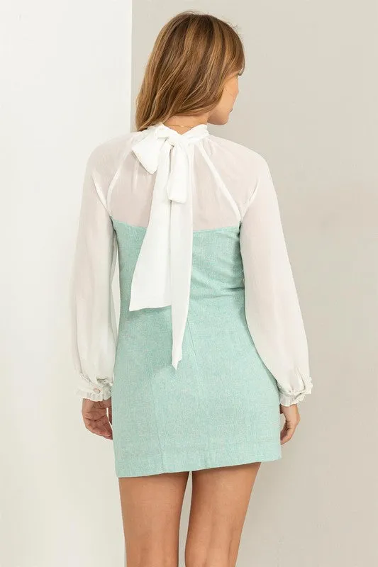 Aqua Sheer Elegance Tie-Back Mixed Media Dress
