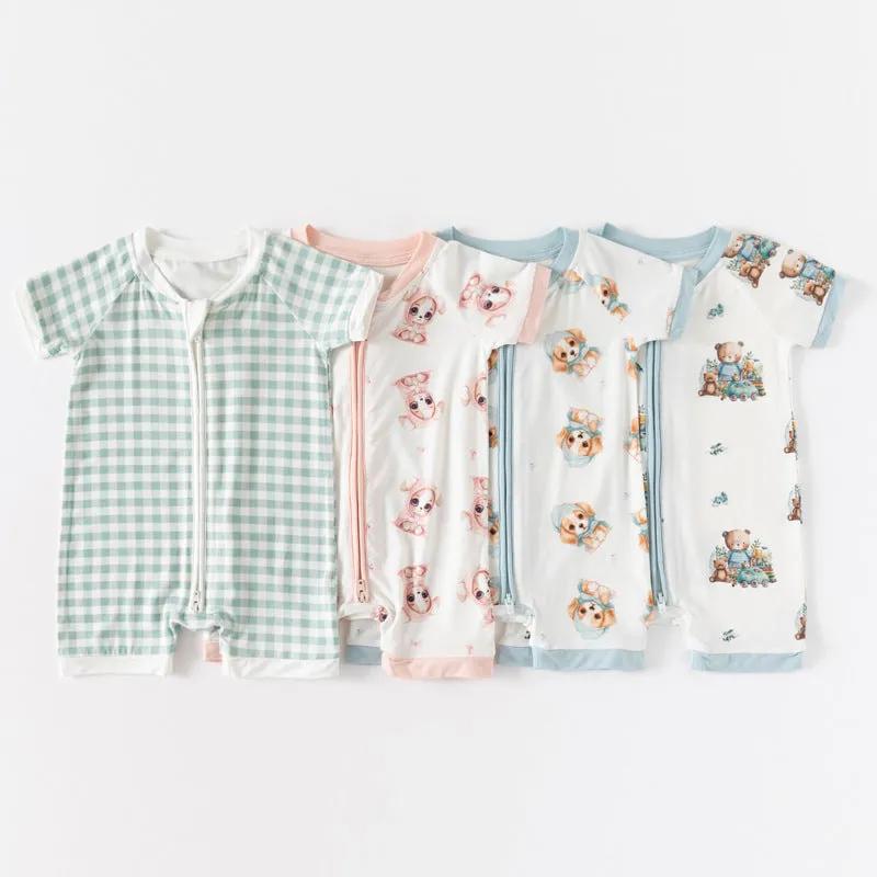 Bamboo Shorty Romper - Playful Blue Puppy Print