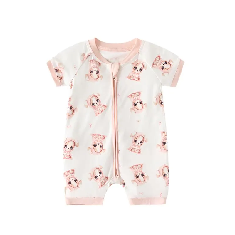 Bamboo Shorty Romper - Playful Blue Puppy Print