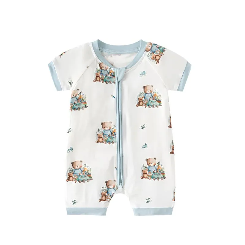 Bamboo Shorty Romper - Playful Blue Puppy Print