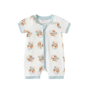 Bamboo Shorty Romper - Playful Blue Puppy Print