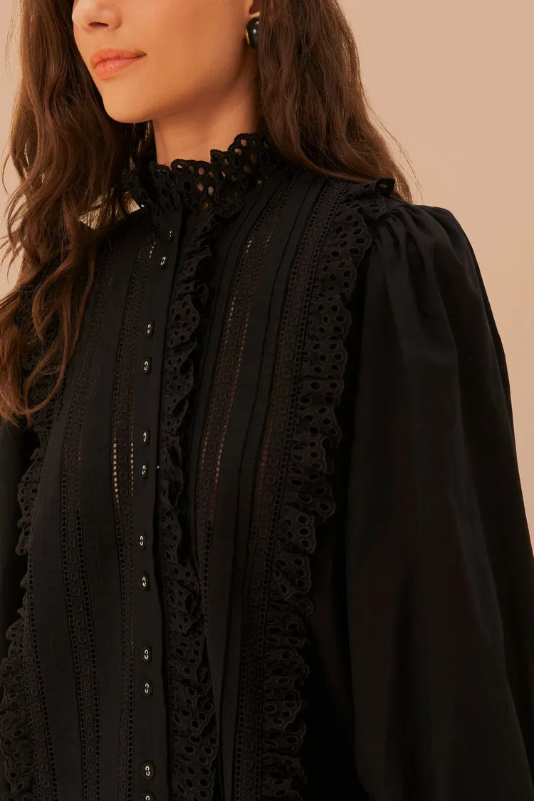 Black Lace And Pleats Shirt