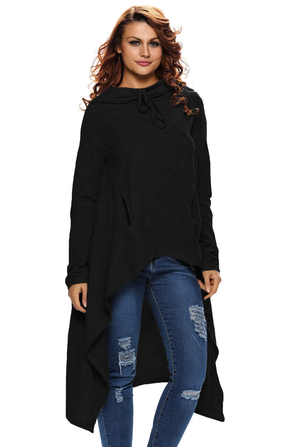 Black Plain Drawstring Irregular Oversize Hoodie