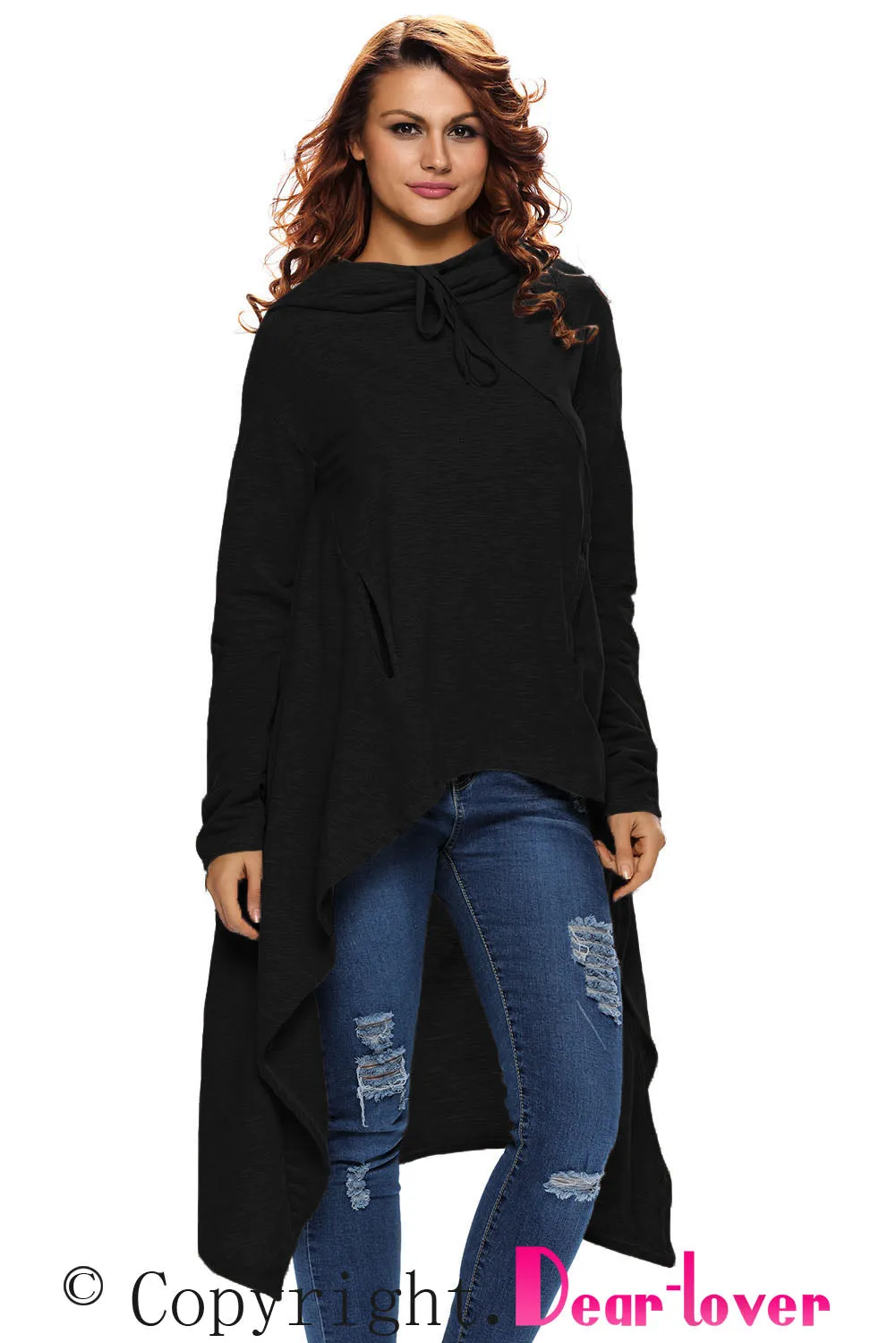 Black Plain Drawstring Irregular Oversize Hoodie