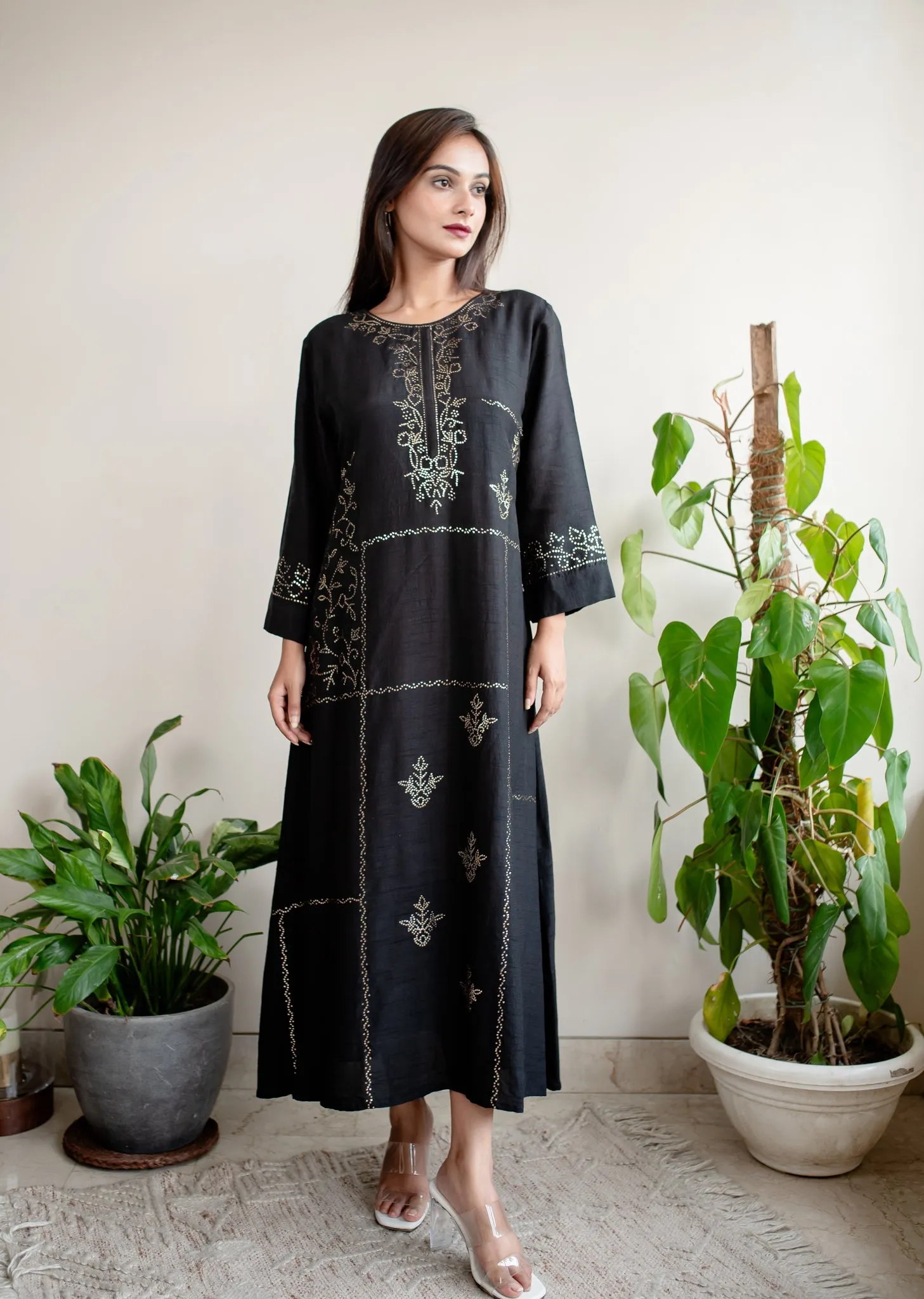 Black Silk Mukaish A-Line Dress