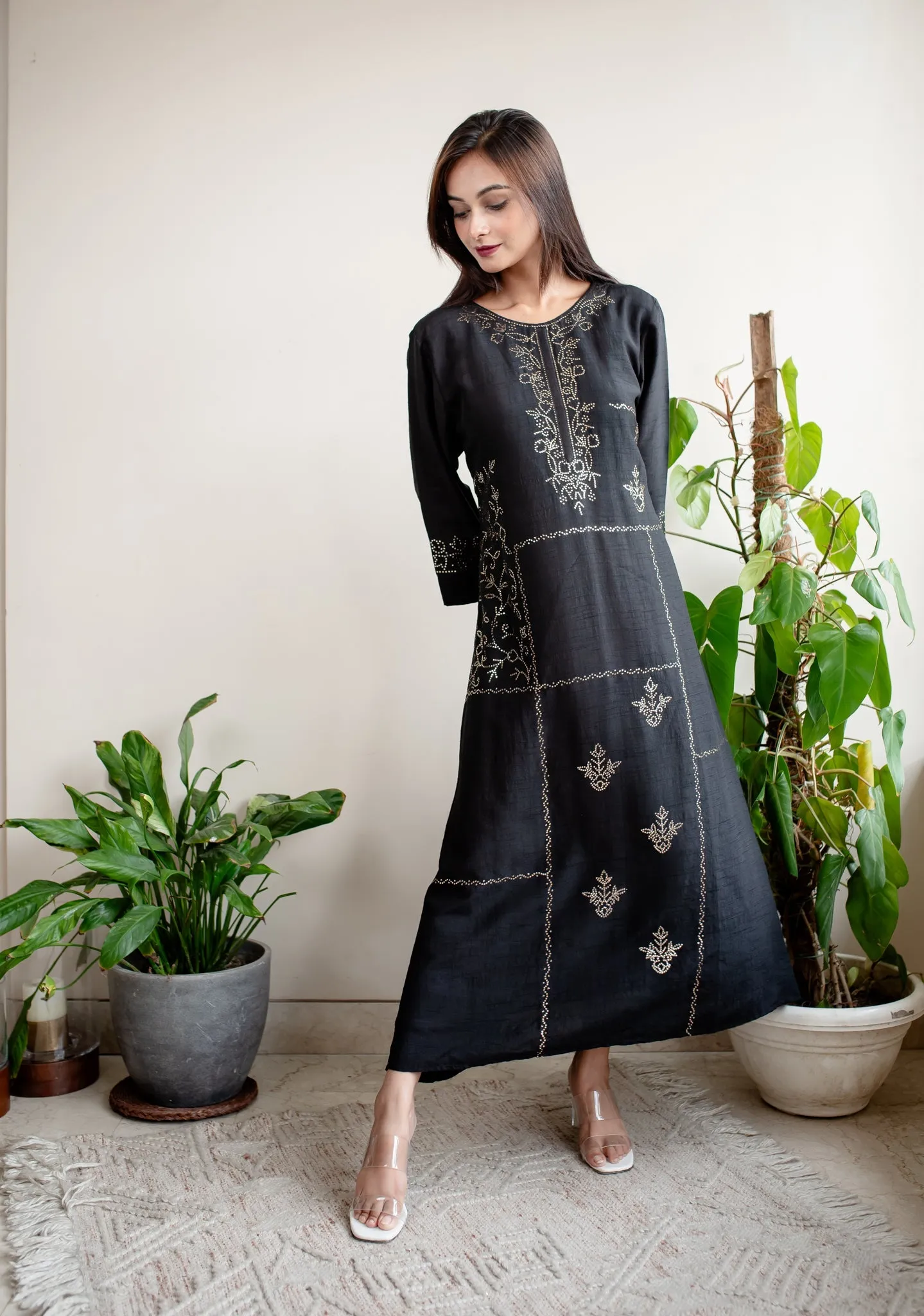 Black Silk Mukaish A-Line Dress