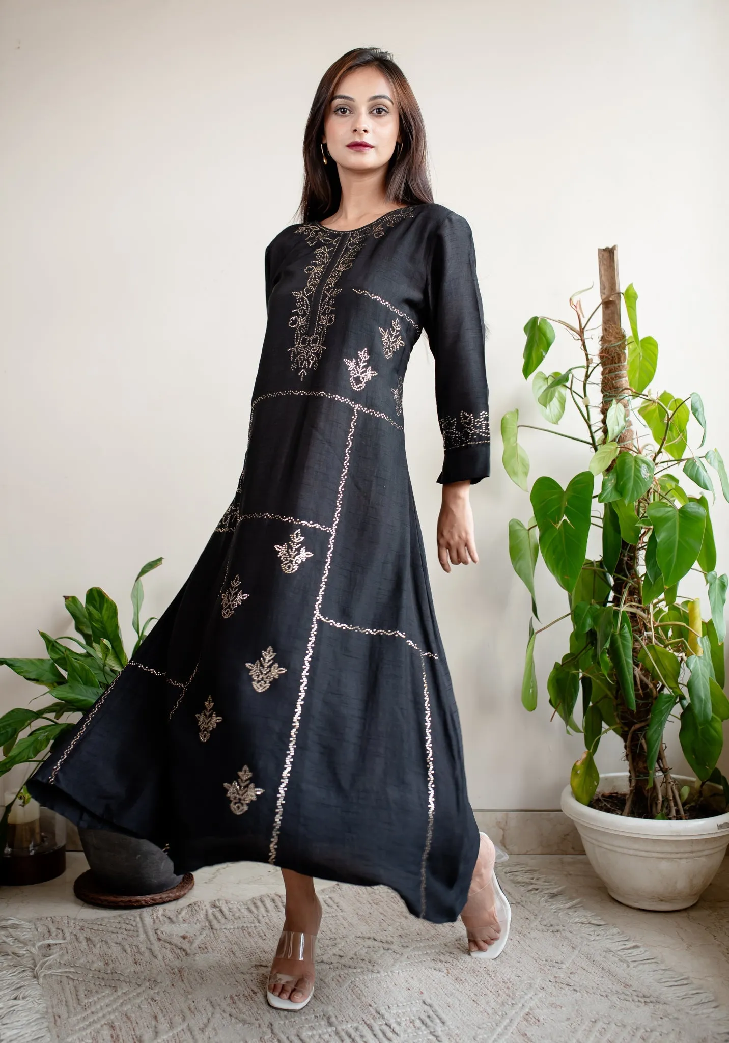 Black Silk Mukaish A-Line Dress
