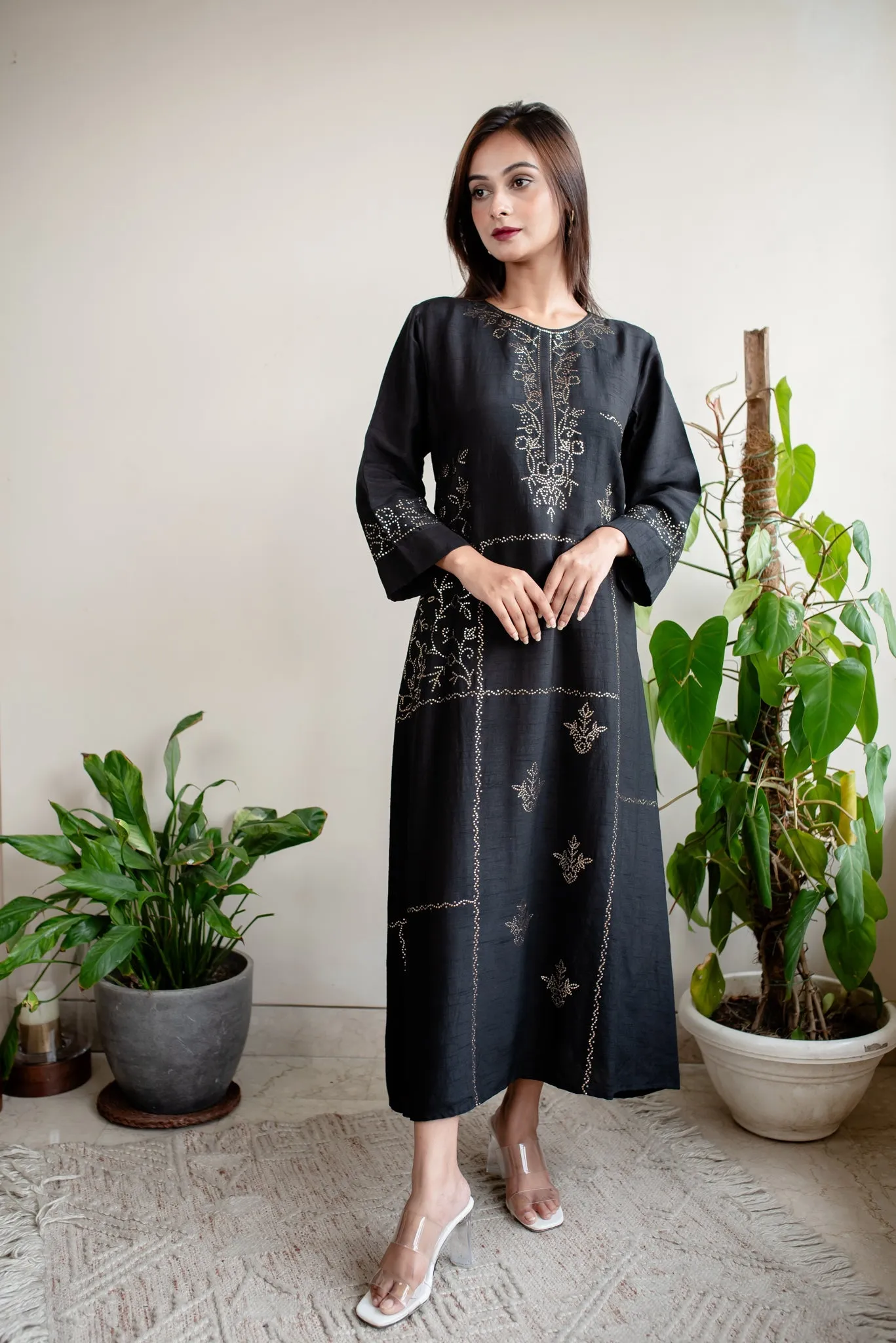 Black Silk Mukaish A-Line Dress