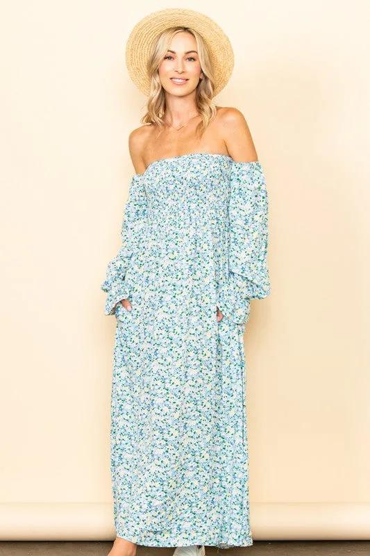 Blue On & Off Shoulder Smocked Chest Maxi Dress