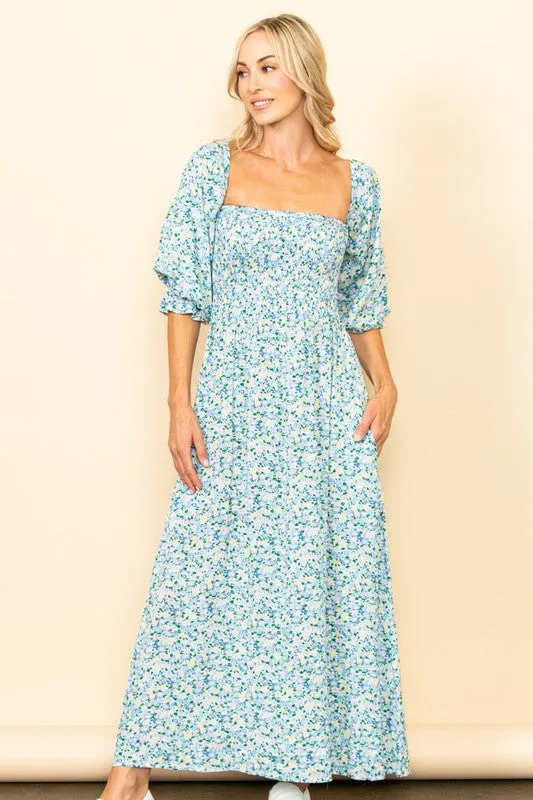 Blue On & Off Shoulder Smocked Chest Maxi Dress