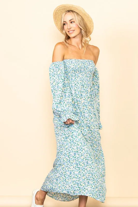 Blue On & Off Shoulder Smocked Chest Maxi Dress