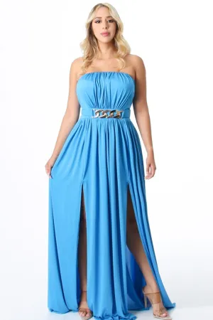 Blue Solid Pattern Strapless Tube Maxi Dress With Belted And Slit.