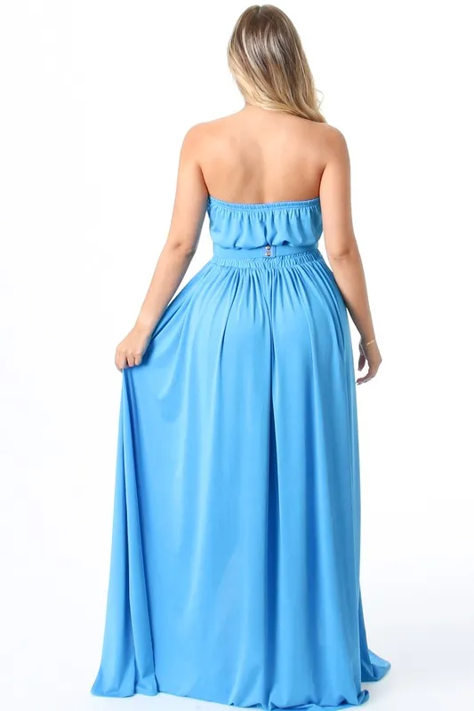 Blue Solid Pattern Strapless Tube Maxi Dress With Belted And Slit.