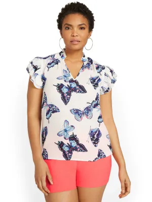 Butterfly-Print Flounce-Sleeve Top