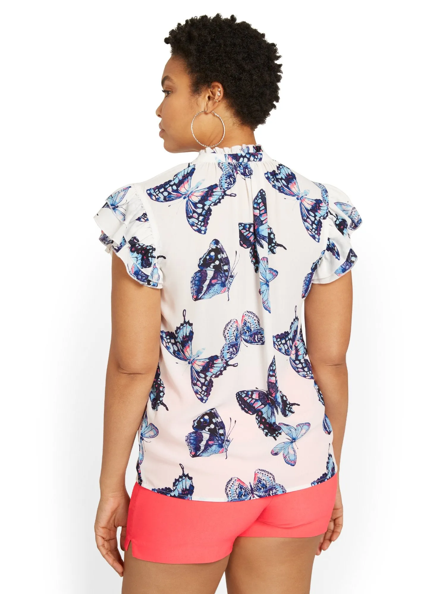 Butterfly-Print Flounce-Sleeve Top