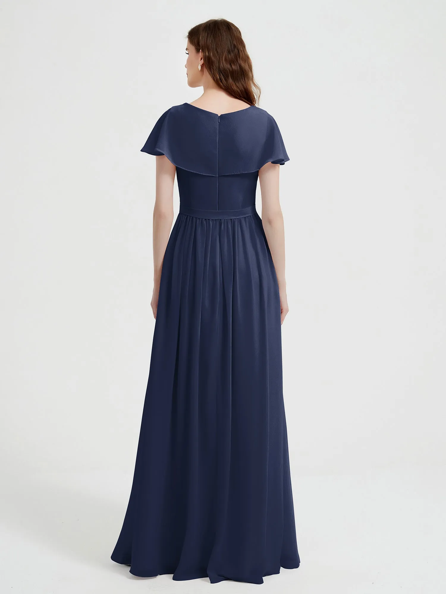 Cap Sleeves Long Chiffon Dresses with Slit-Dark Navy Plus Size