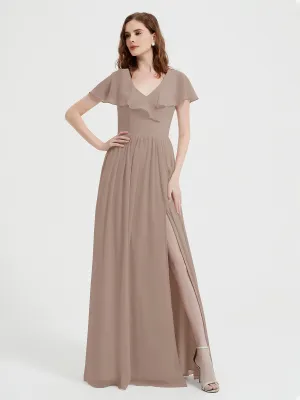Cap Sleeves Long Chiffon Dresses with Slit-Taupe Plus Size