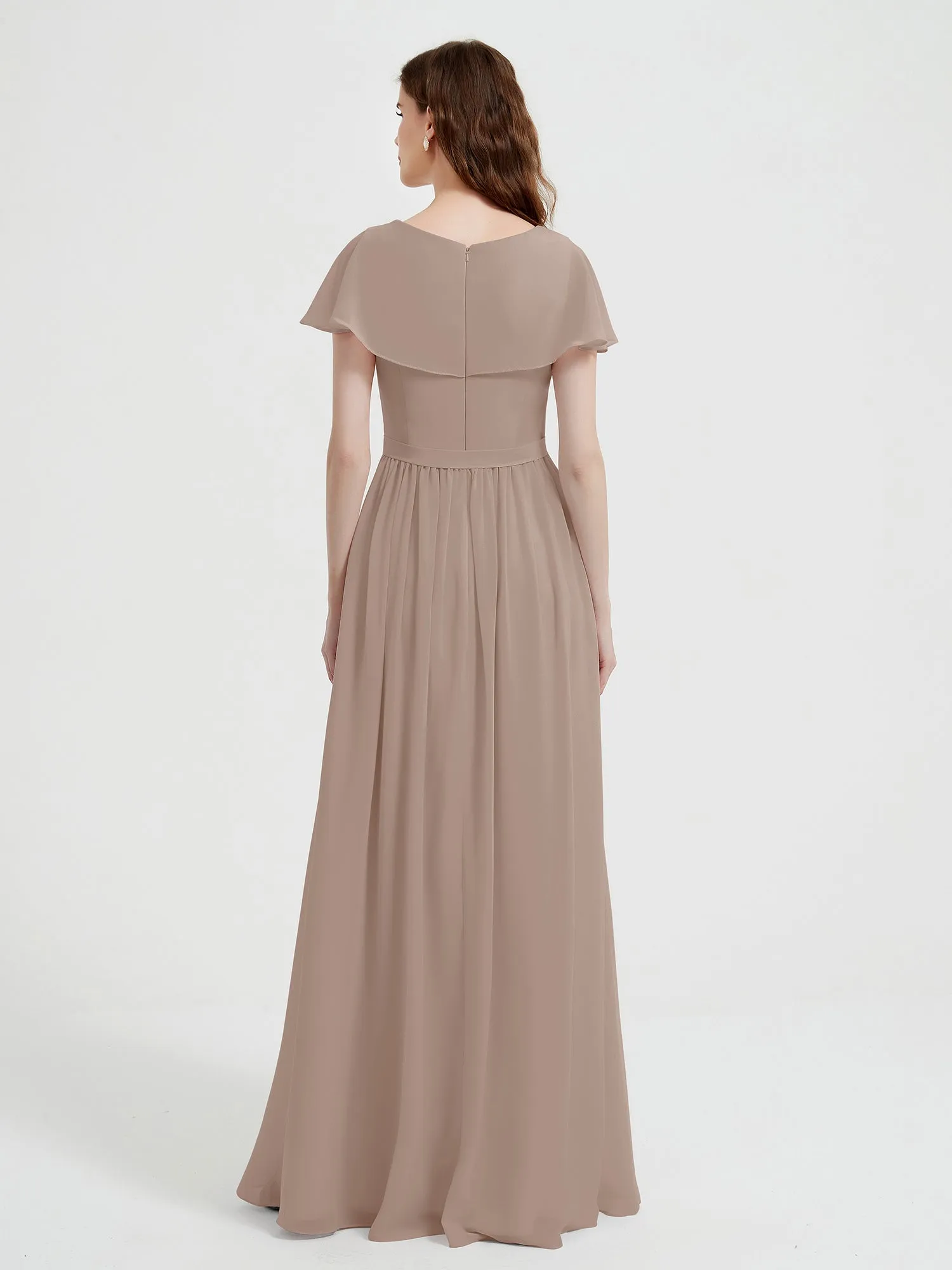 Cap Sleeves Long Chiffon Dresses with Slit-Taupe Plus Size