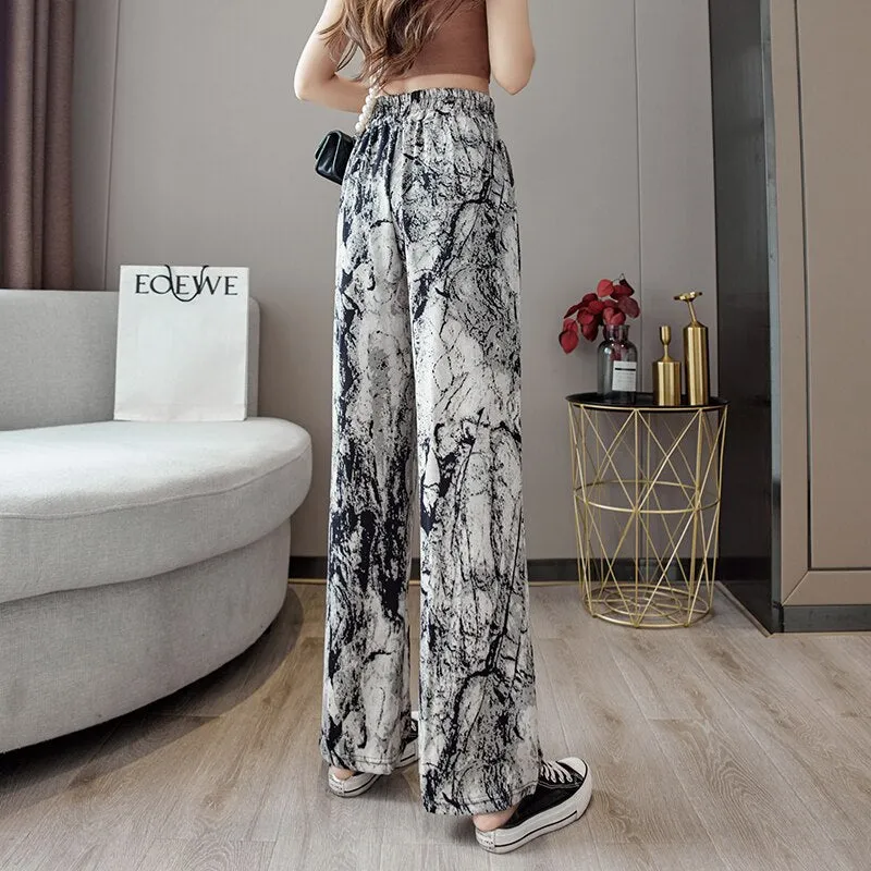 Casual high waist drape ice silk wide leg pants tie dye ink painting
