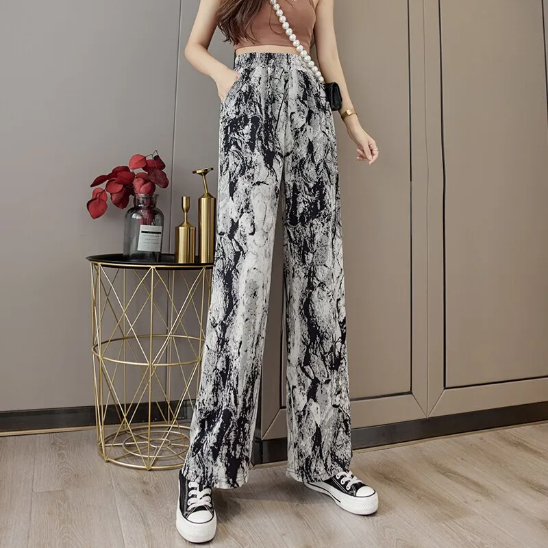 Casual high waist drape ice silk wide leg pants tie dye ink painting