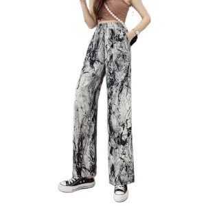 Casual high waist drape ice silk wide leg pants tie dye ink painting