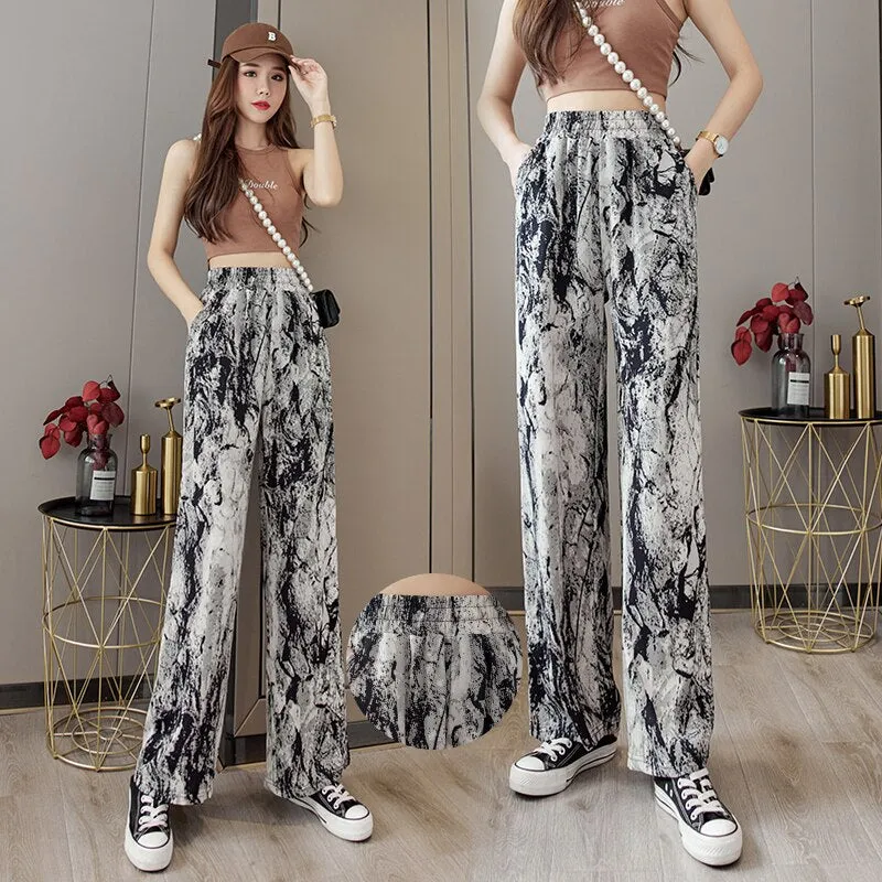 Casual high waist drape ice silk wide leg pants tie dye ink painting