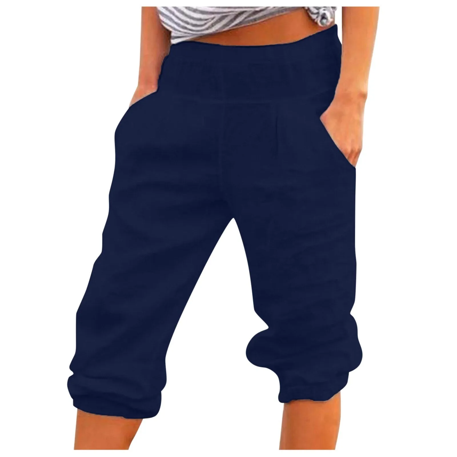 Casual Women Capri Pants Pockets Solid Color