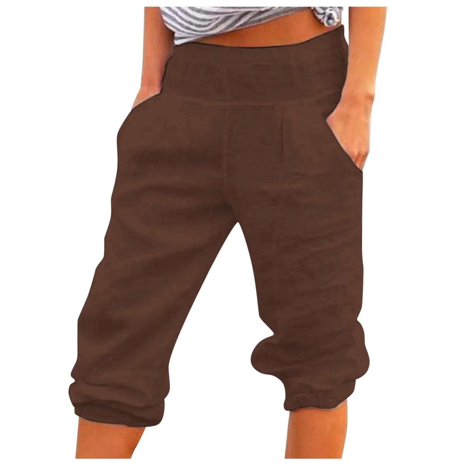 Casual Women Capri Pants Pockets Solid Color