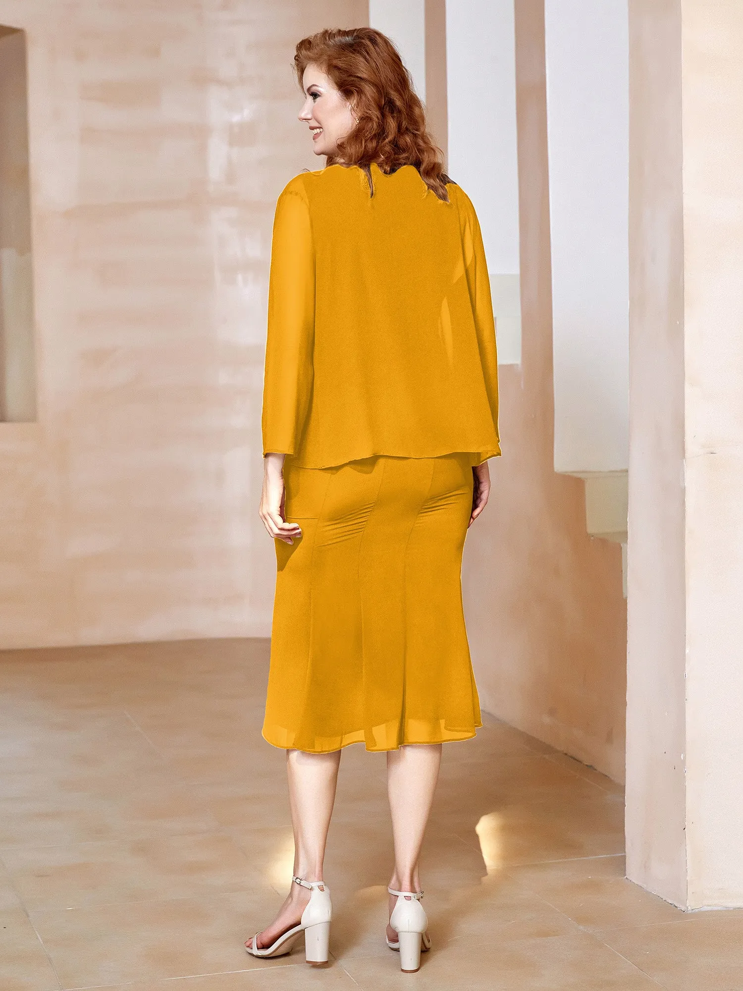 Chiffon Beaded Tea-length Dress with Jacket Tangerine