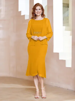 Chiffon Beaded Tea-length Dress with Jacket Tangerine
