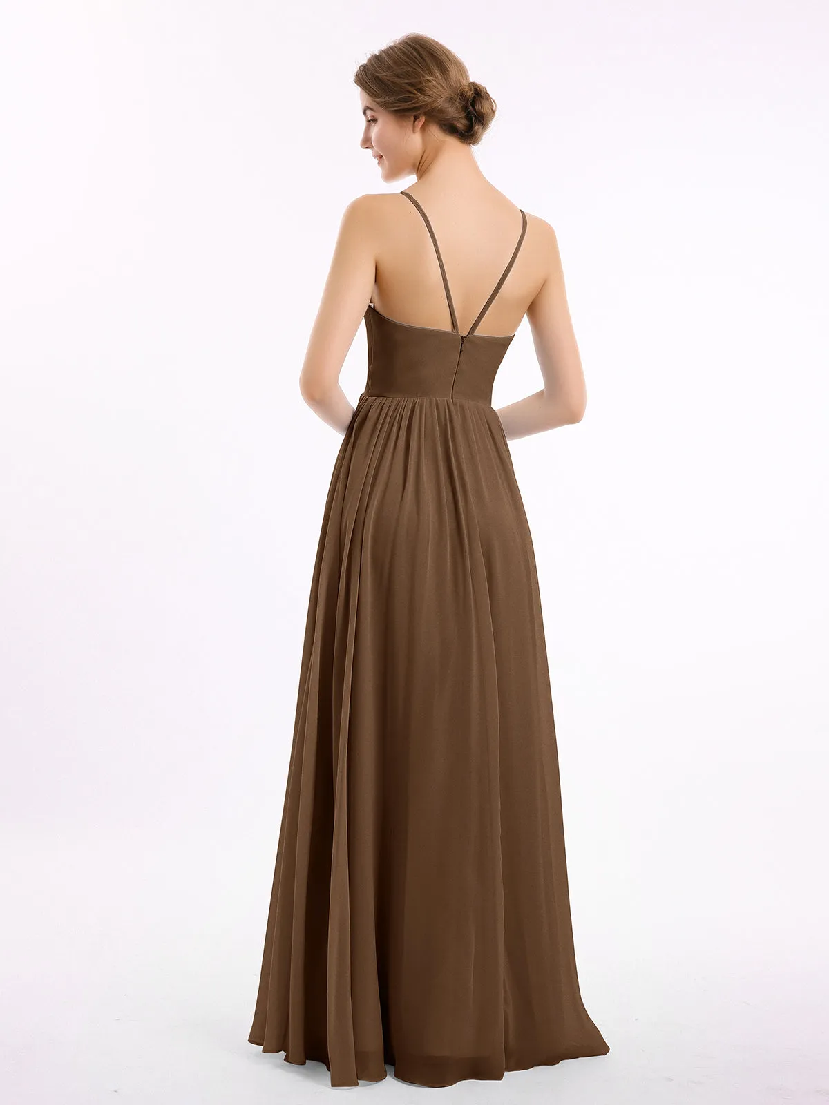 Chiffon Bridesmaid Dresses with Spaghetti Straps-Brown