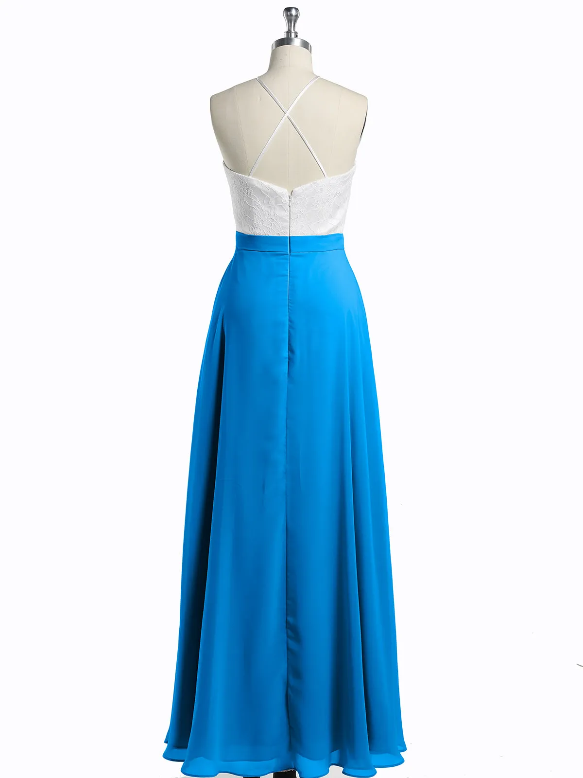 Chiffon Long Dresses with Ivory Lace Bodice-Ocean Blue