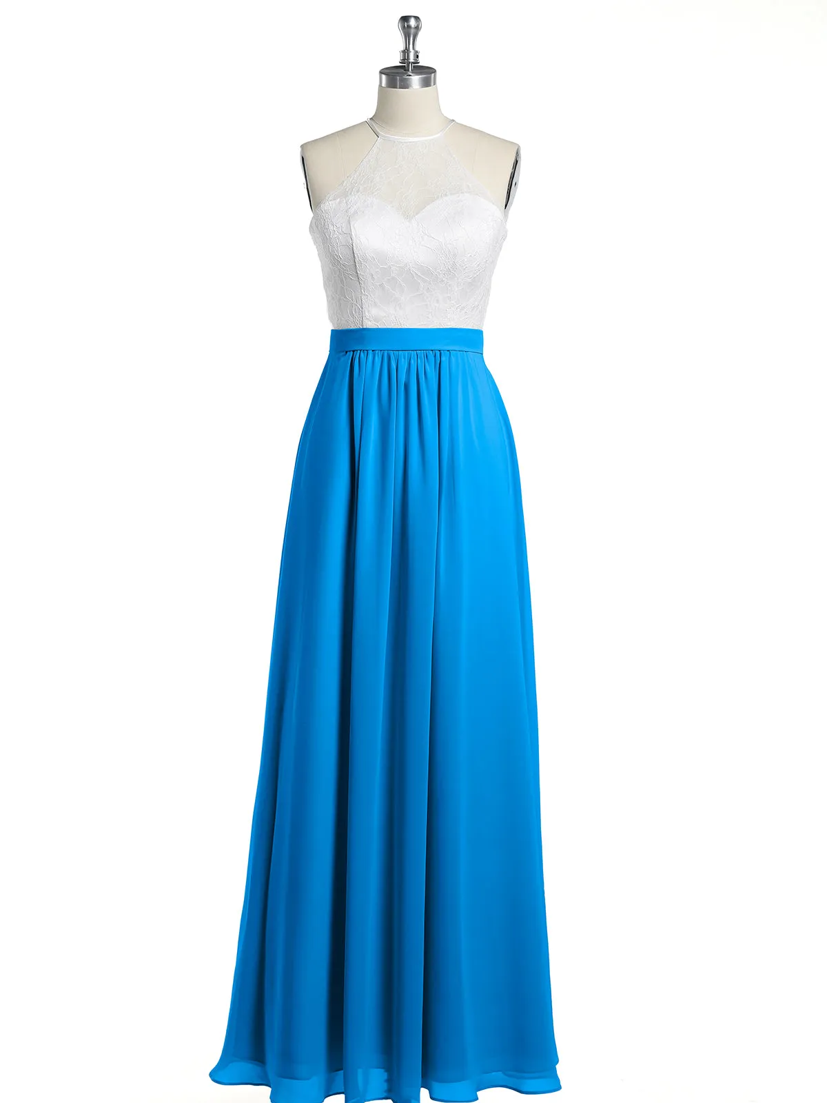 Chiffon Long Dresses with Ivory Lace Bodice-Ocean Blue