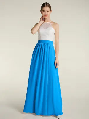 Chiffon Long Dresses with Ivory Lace Bodice-Ocean Blue